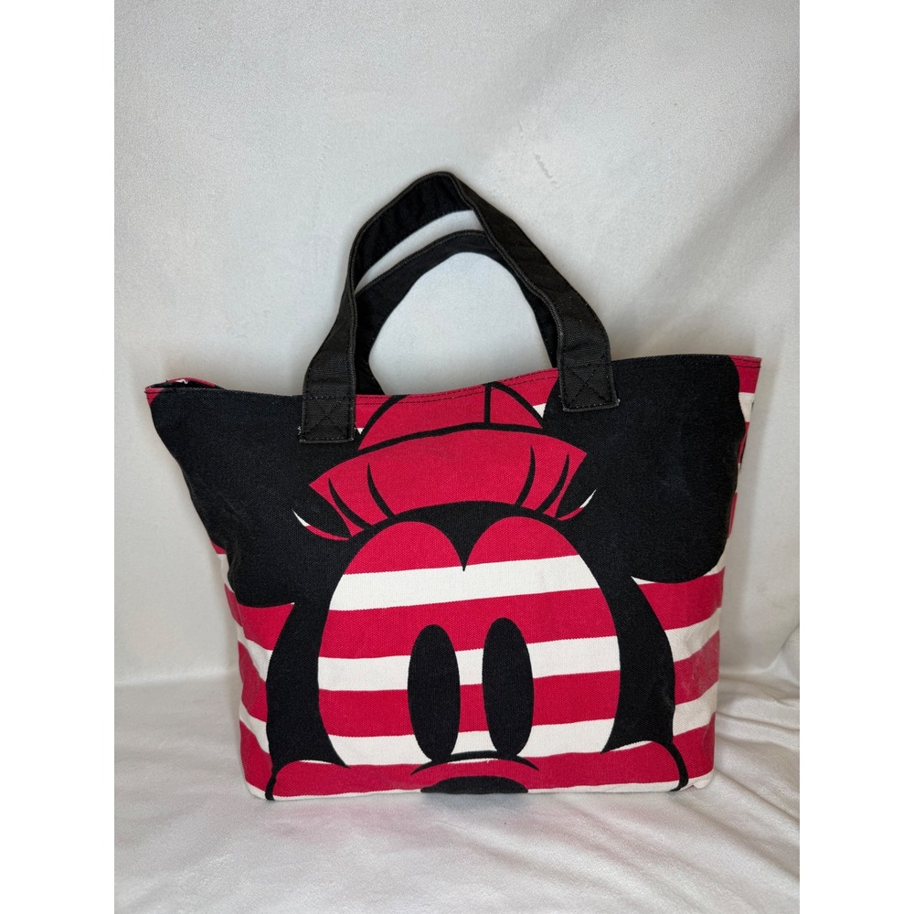 Disney Store Minnie Mickey Mouse Canvas Tote Bag striped polka dot red white